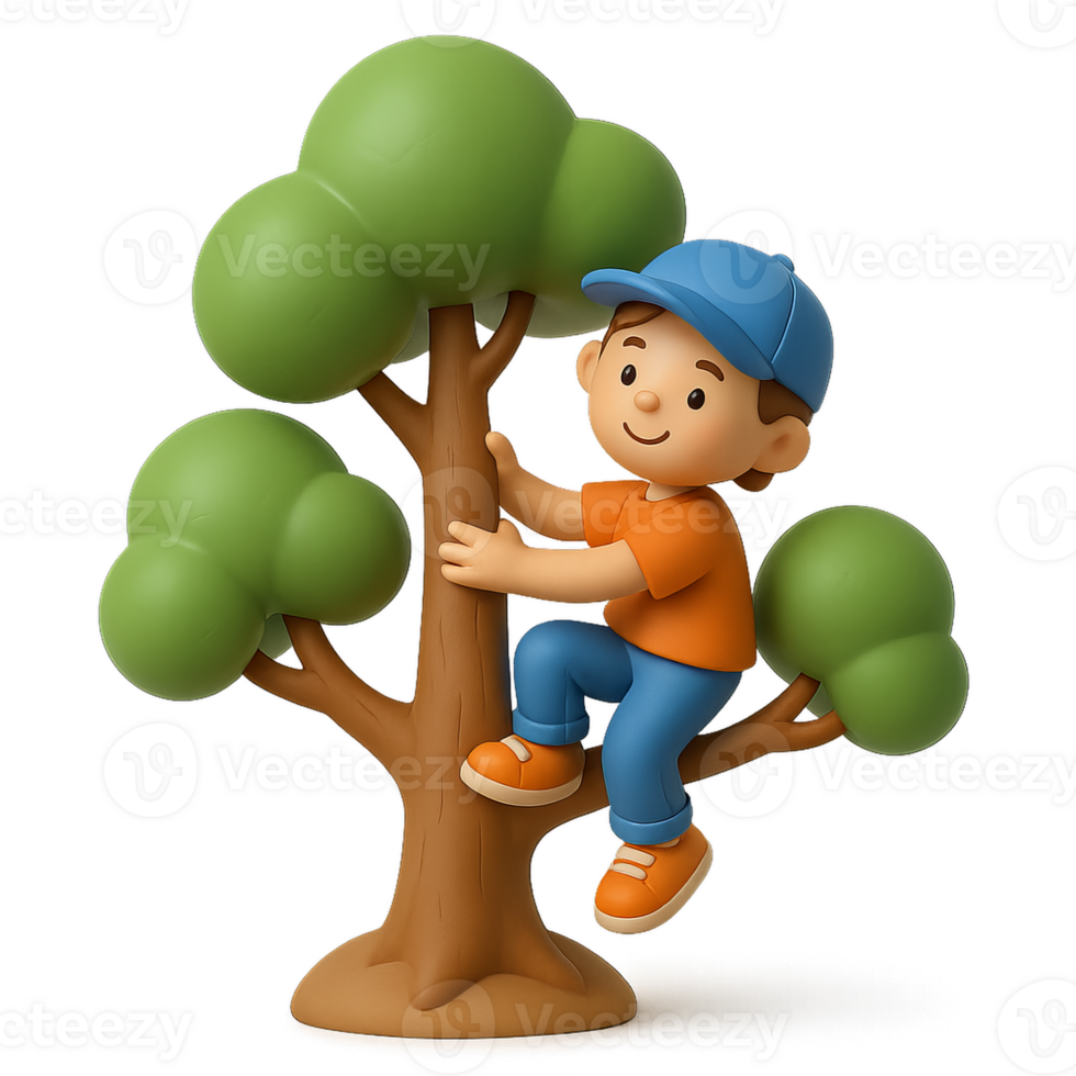 Boy Climbing Tree in 3D Simple Scene for Kids Illustration png