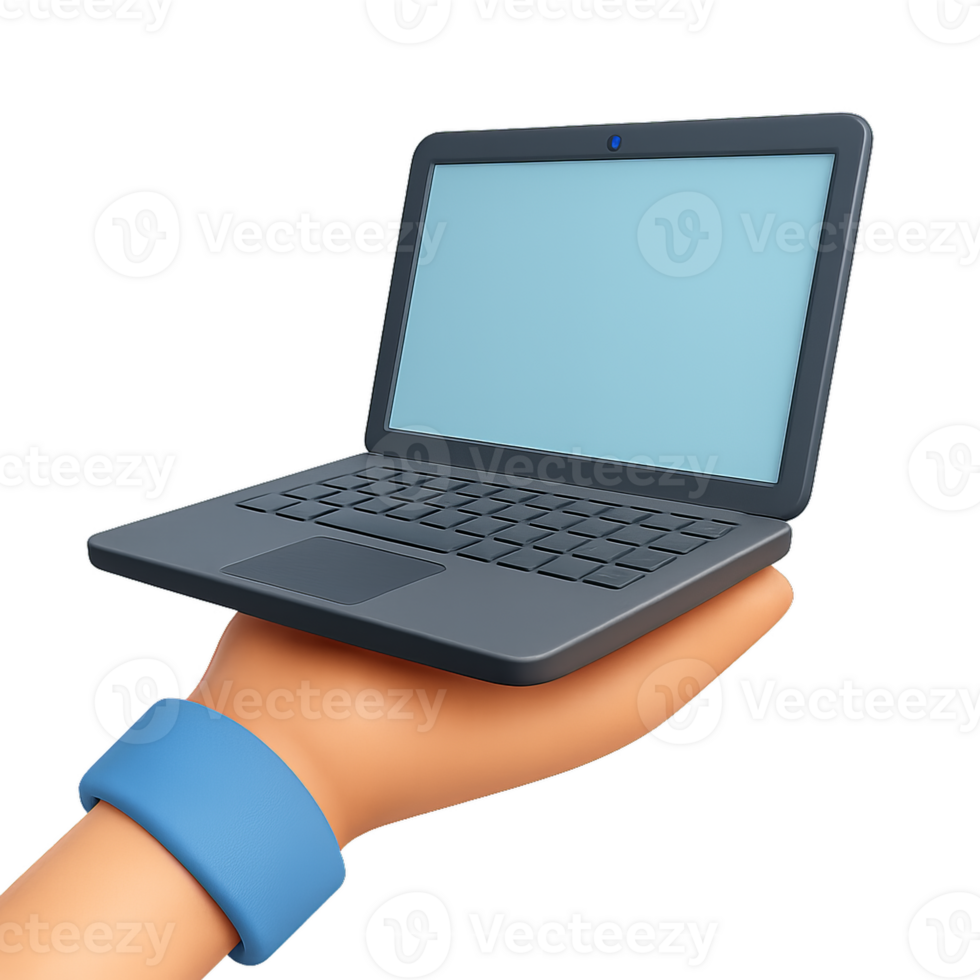 3D Render of Hand Holding Laptop in Simple Style png