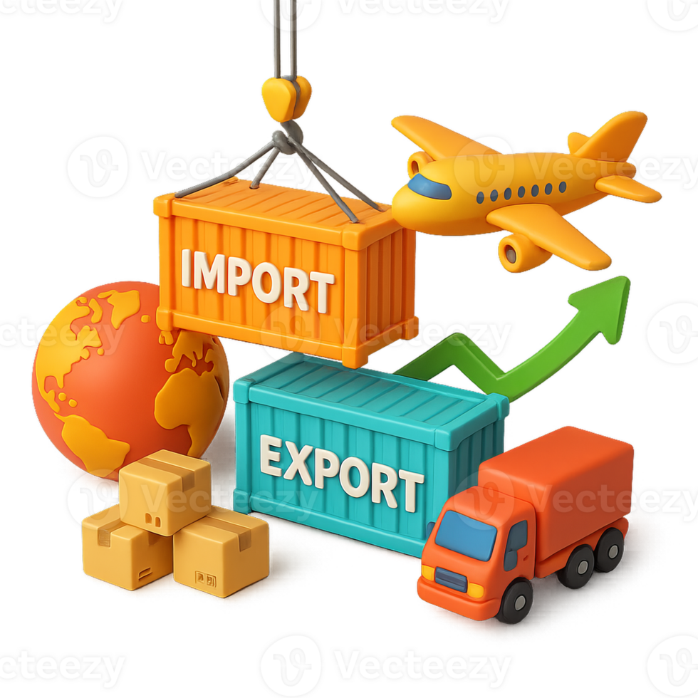 3D Trade and Logistics Concepts with Cargo and Transportation Elements png