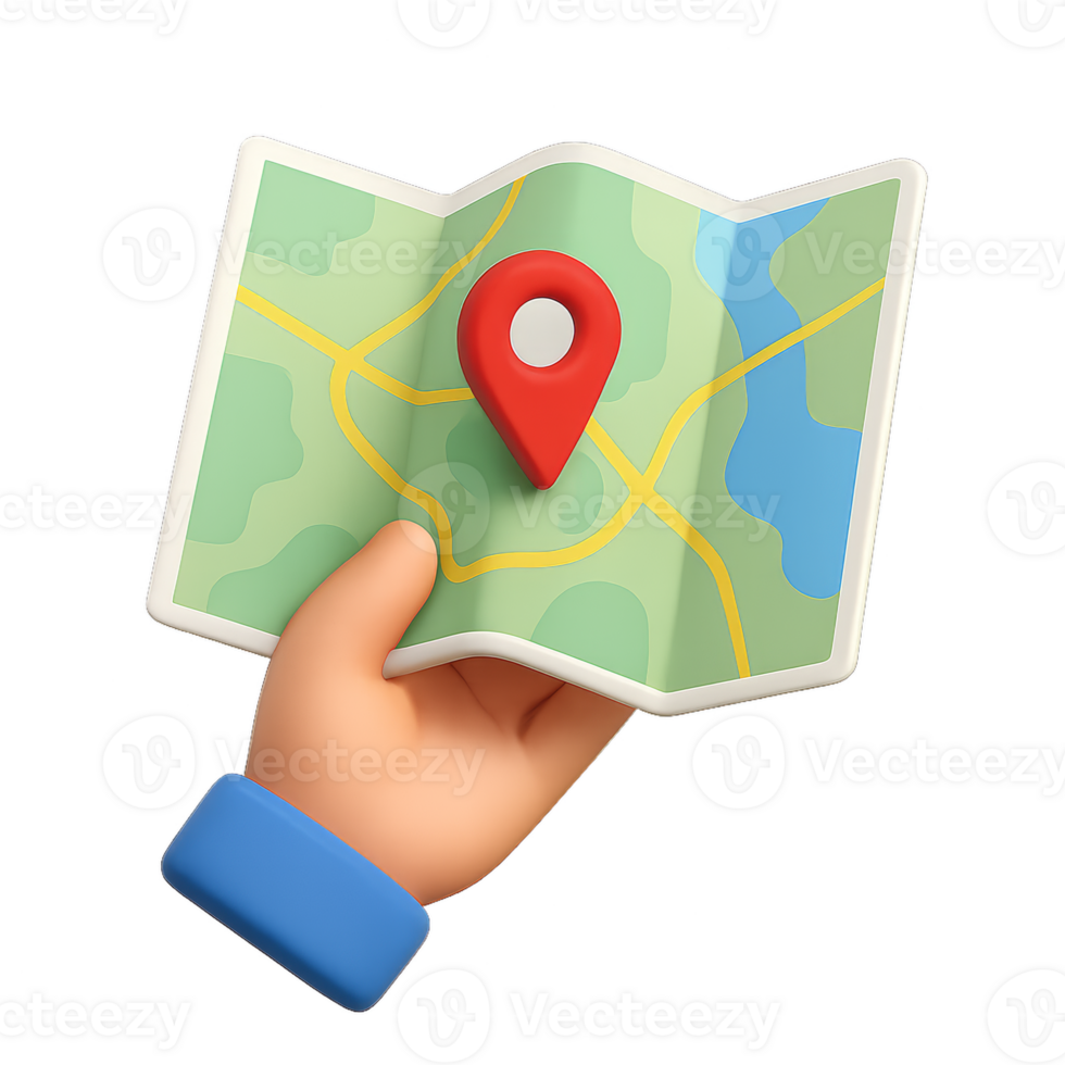 3D Hand Holding Simple Map with Location Pin Symbol png