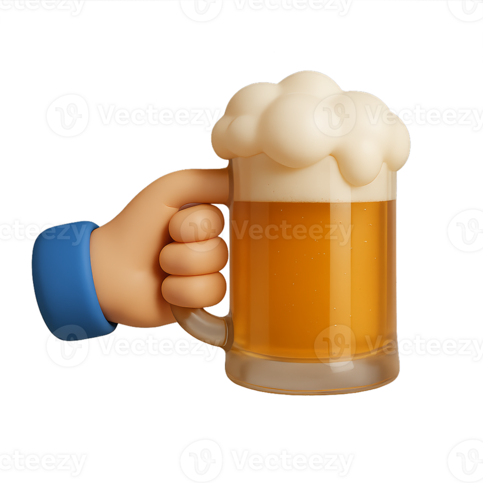 Hand Holding a 3D Glass of Beer with Frothy Foam on Top png