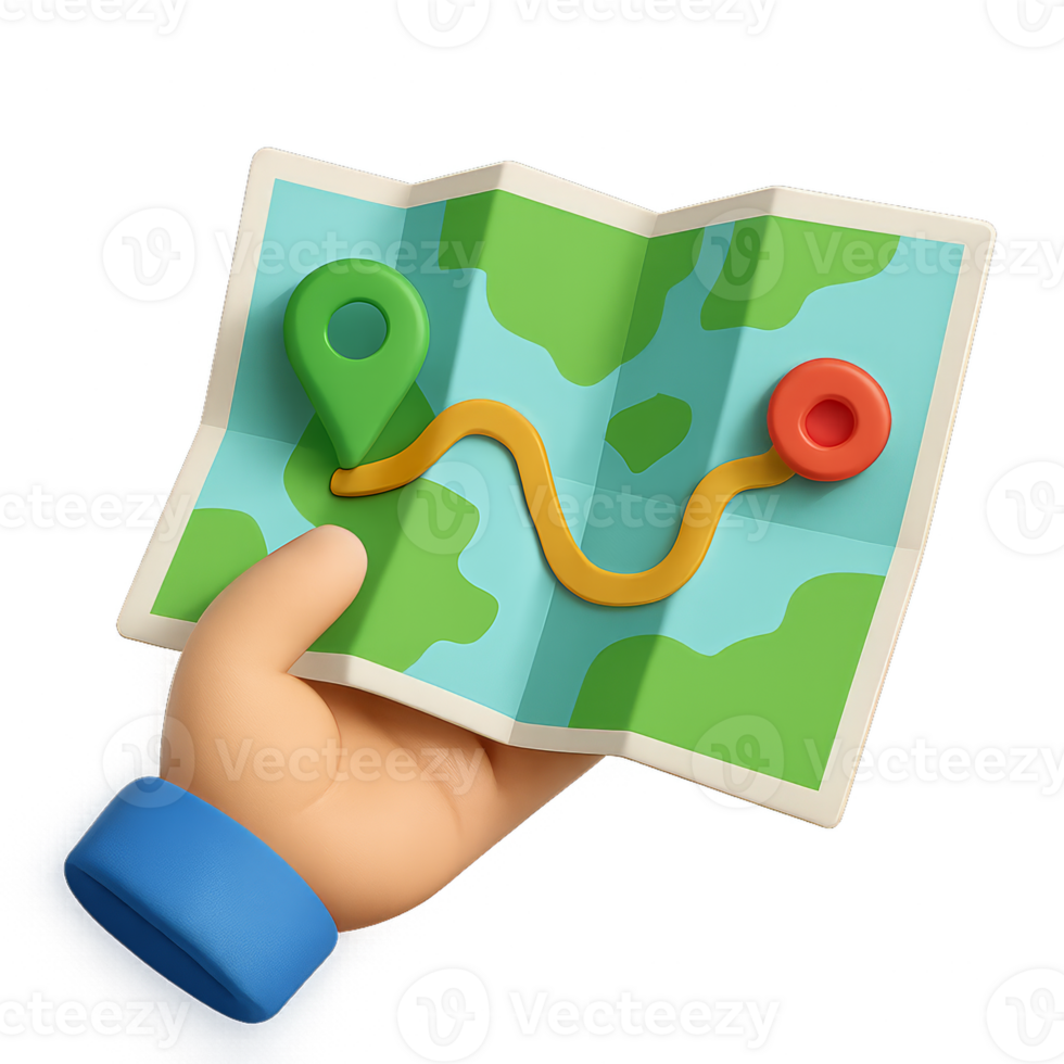 3D Hand Holding Simple Map with Route Markers for Navigation Use png