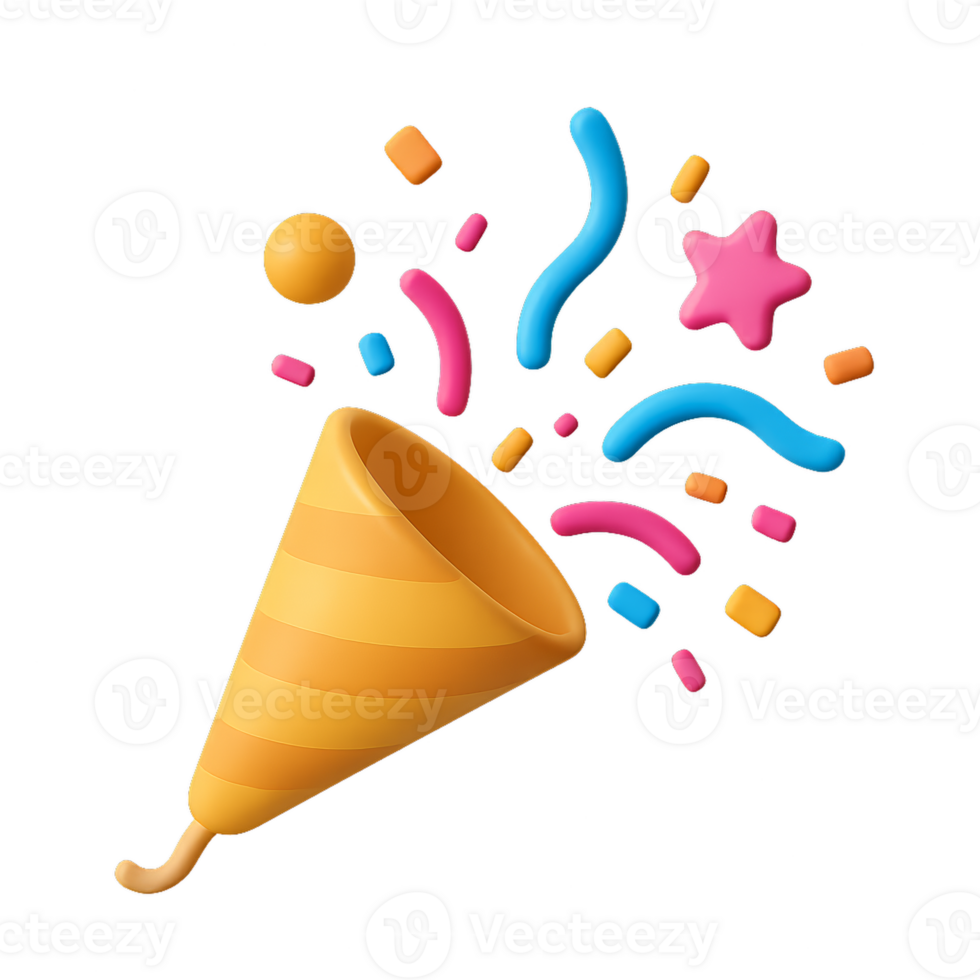 3D Party Popper with Colorful Confetti and Streamers Celebration png