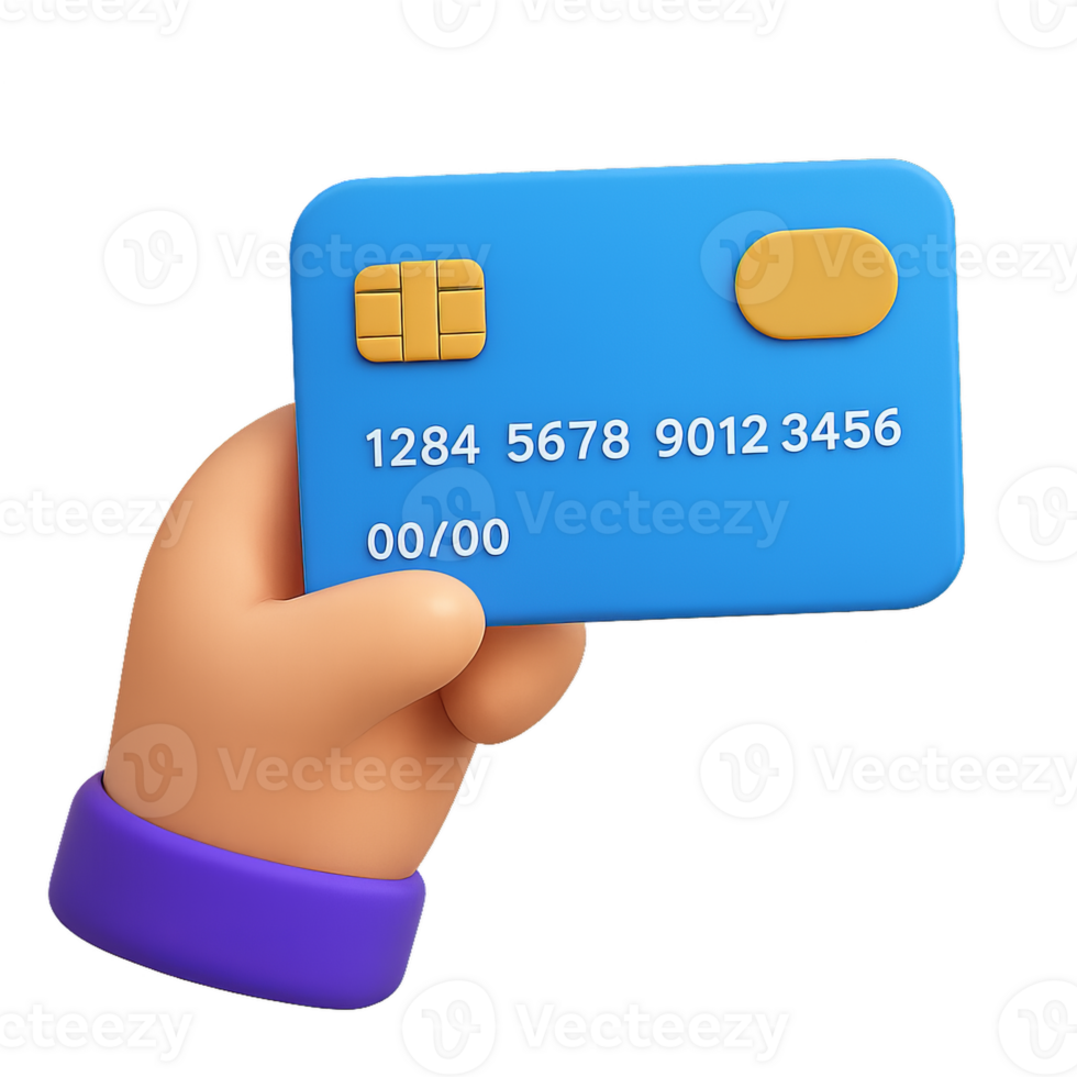 3D Hand Holding a Blue Credit Card with Simple Design Elements png