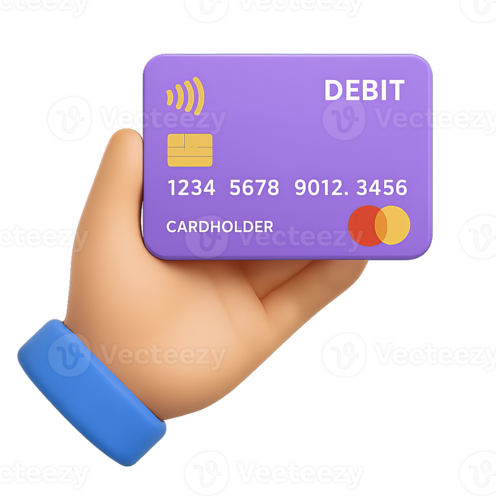Hand Holding a Simple 3D Debit Card with Contactless Symbol png