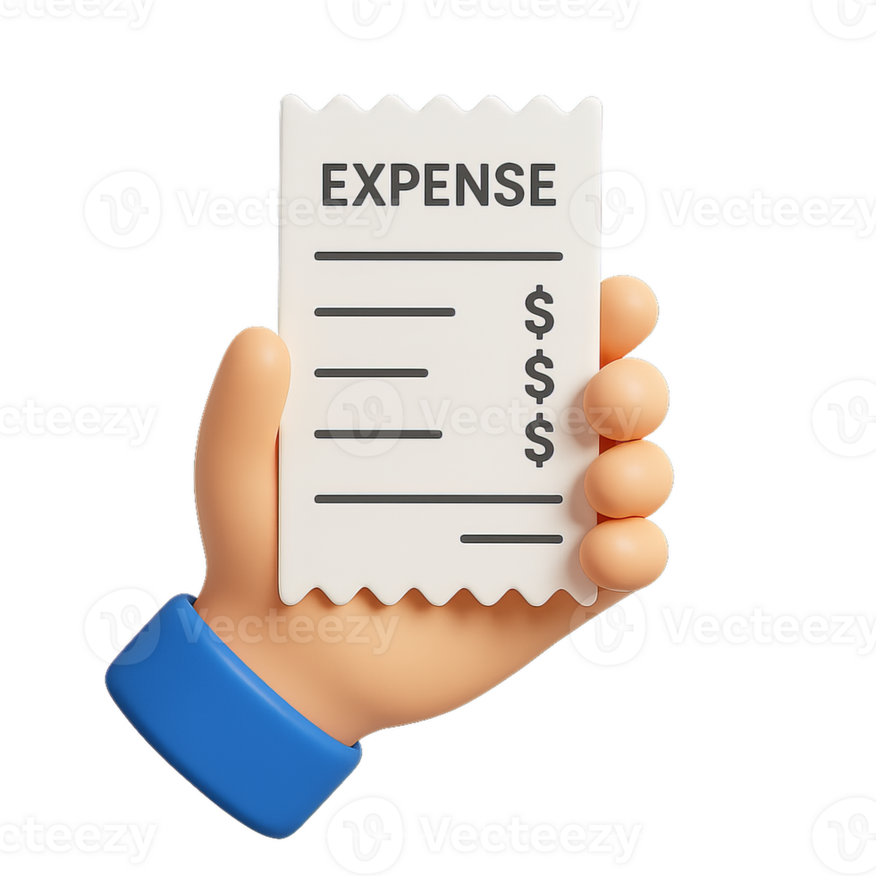 3D Hand Holding Expense Receipt with Dollar Signs and Lines png