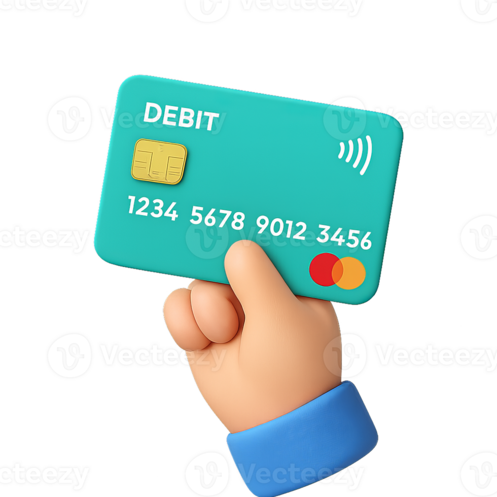 3D Hand Holding Debit Card with Contactless Symbol in Simple Design png