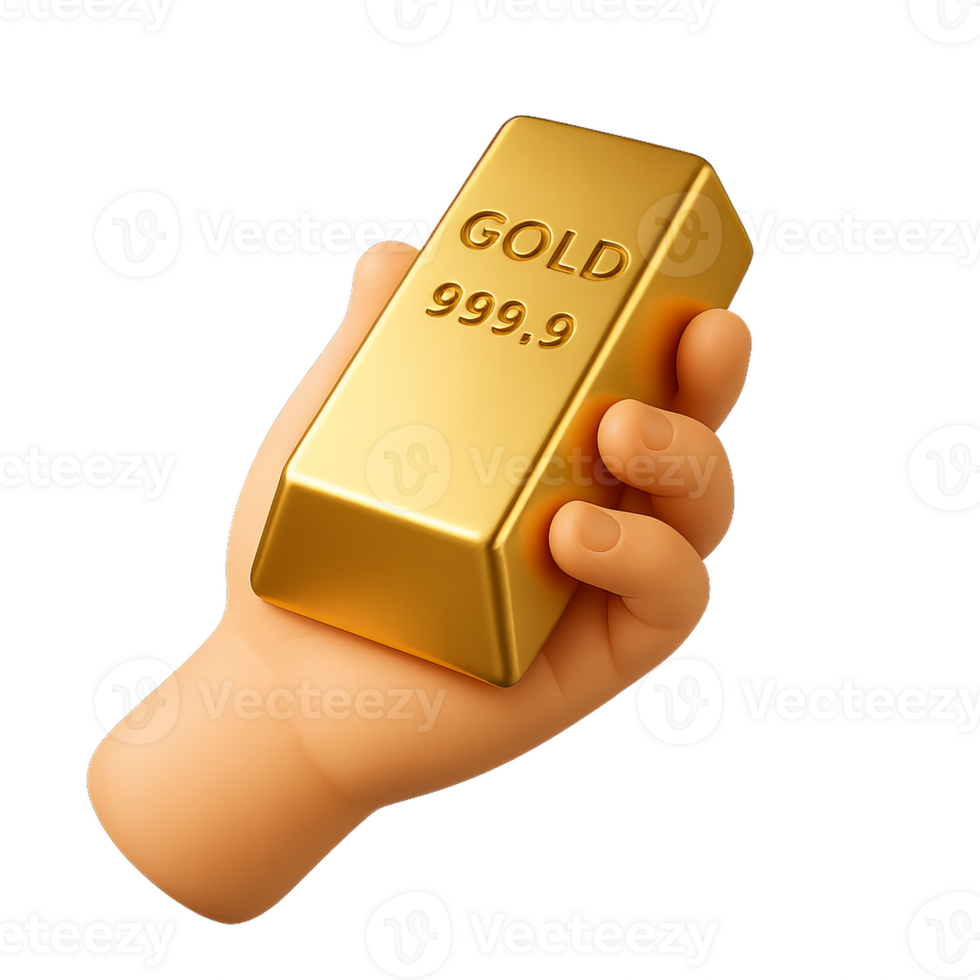 3D Golden Bar Held in Hand with Shiny Surface and Clear Details png