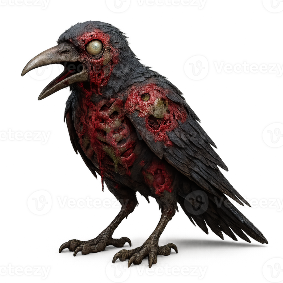 Creepy Zombie Crow Illustration with Exposed Bones and Gruesome Details png
