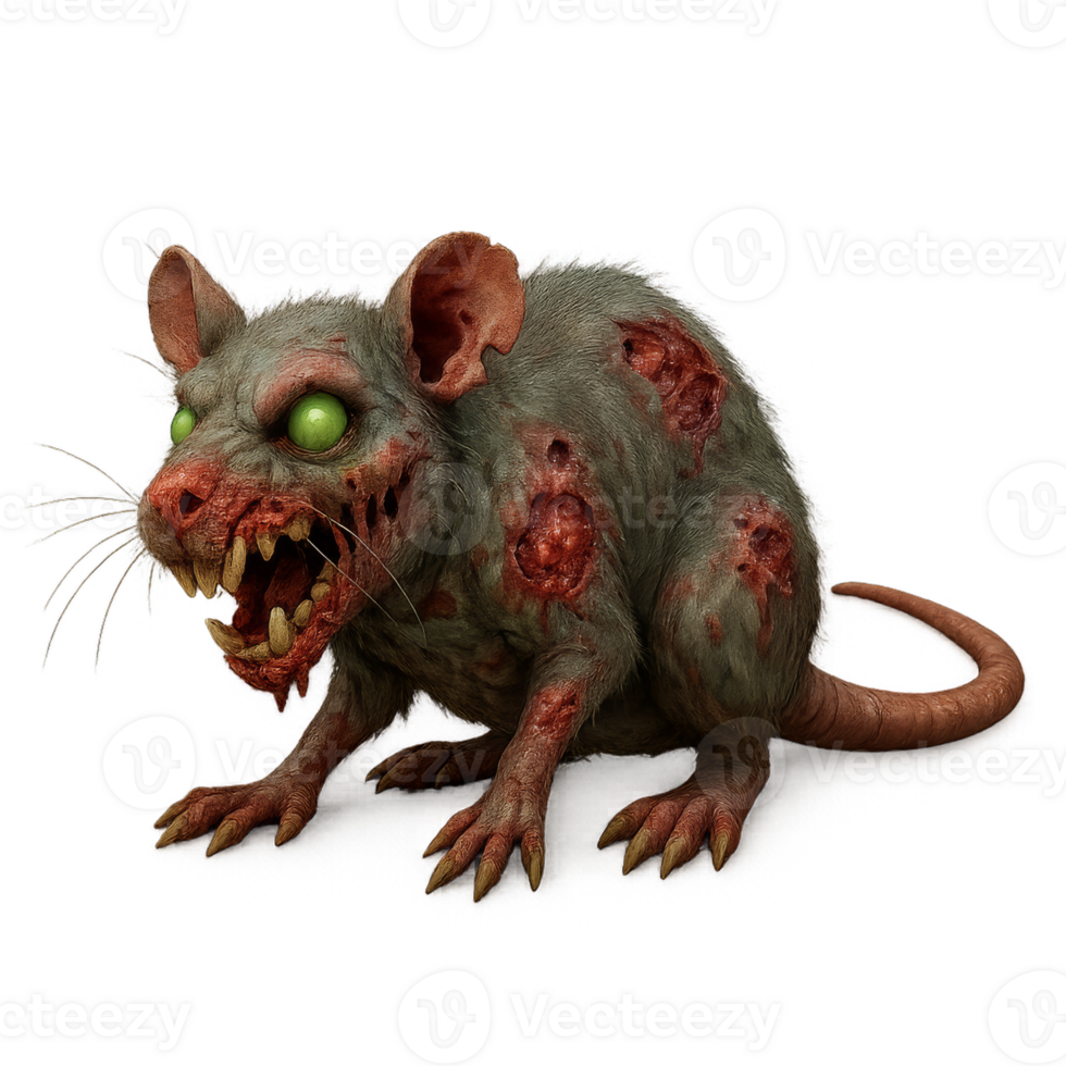 Creepy Zombie Rat with Wounds and Green Eyes for Horror Themes png