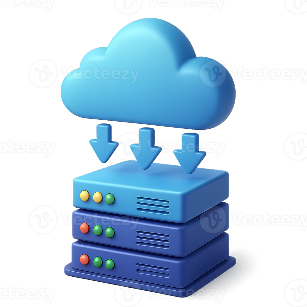 3D Cloud Data Storage Concept with Download Arrows and Servers png