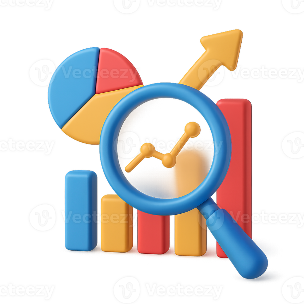 Colorful 3D Chart and Magnifying Glass Representing Data Analysis png