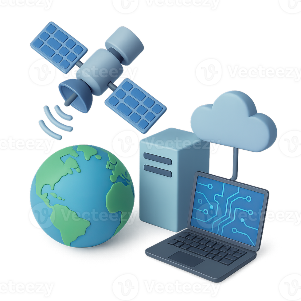 3D Satellite Network Concept with Server and Laptop Illustration png