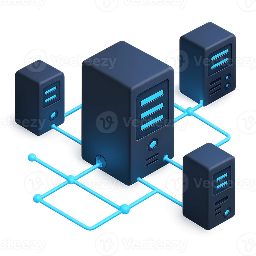 Modern Networked Computer Towers with Glowing Connections and Cables png