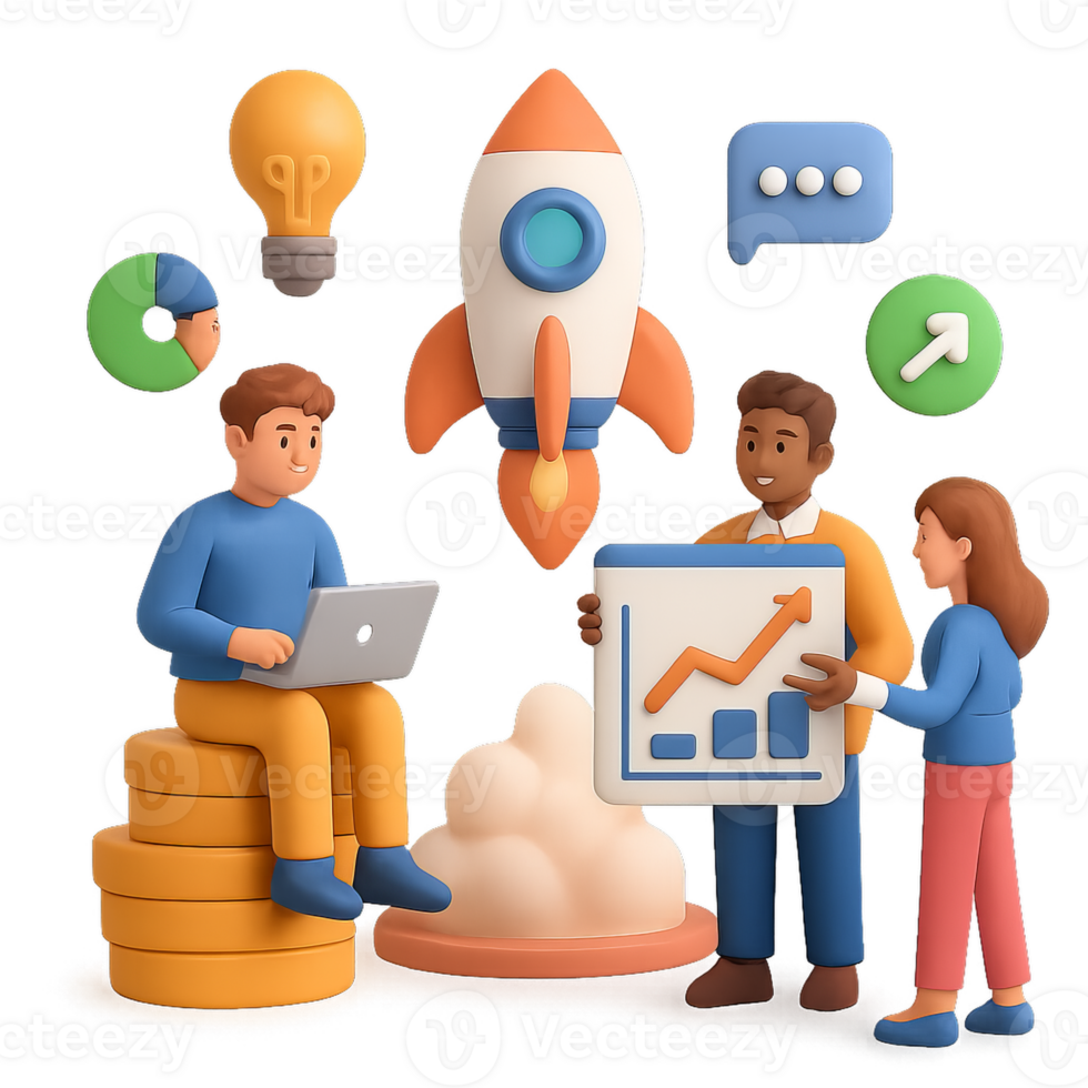 3D Concept Illustrating Startup Scene with Team and Rocket Launch png
