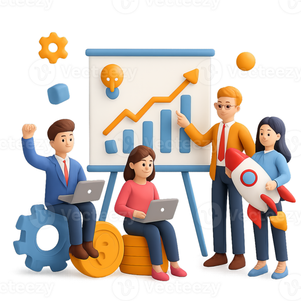Creative 3D Startup Team Analyzing Growth Trends with Simple Tools png