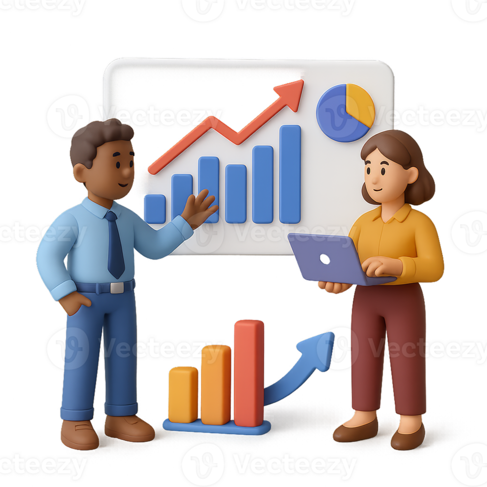 3D Data Analysis Concept with Characters Presenting Statistics png