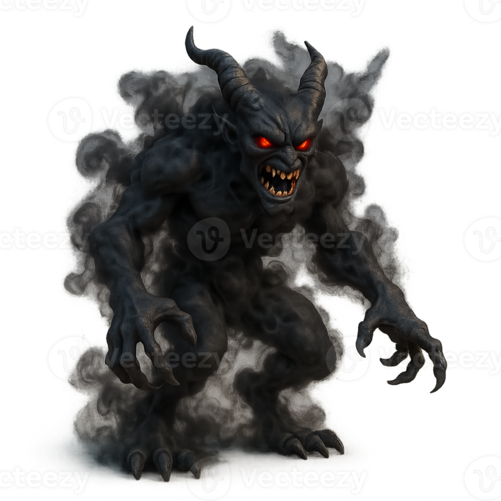 Dark 3D Demon Emerges from Eerie Smoke Cloud in Chilling Display png