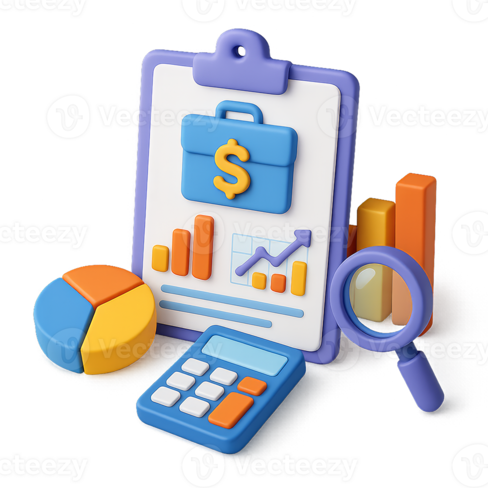 3D Illustration of Tax Data Analysis with Graphs and Calculator png