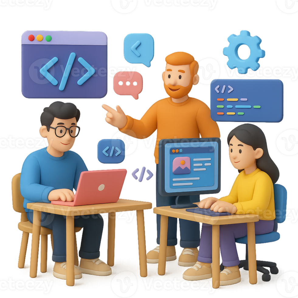 3D Illustration of Web Development Process with Diverse Characters png