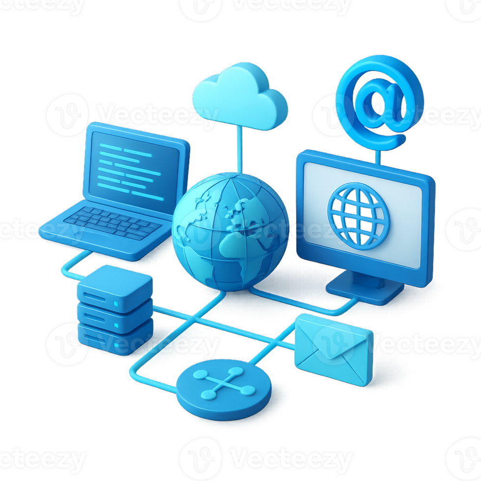3d cyber rede ilustração com computador portátil, globo, e nuvem elementos png