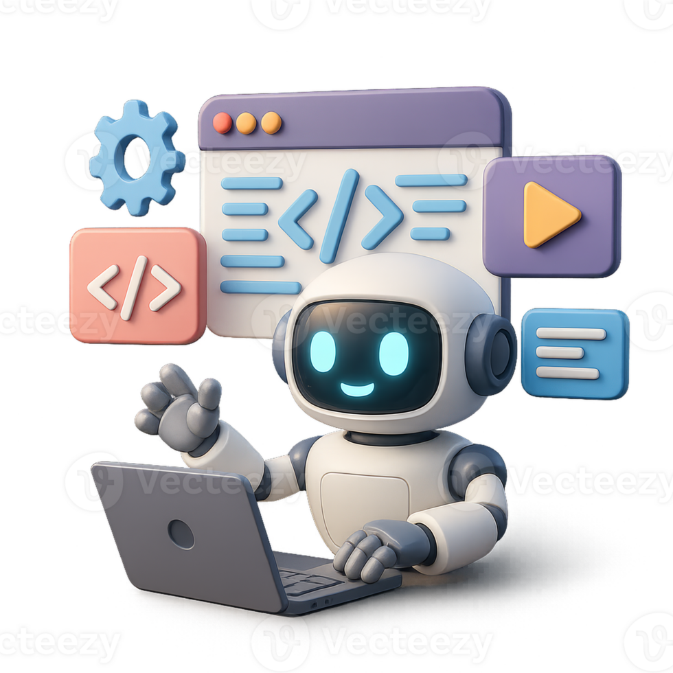 amigáveis robô desenvolvedor trabalhando em código com gráfico interface png