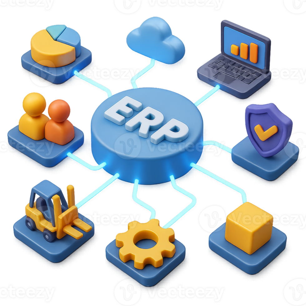 Modern 3D Business Network Concept with ERP Integration and Icons png
