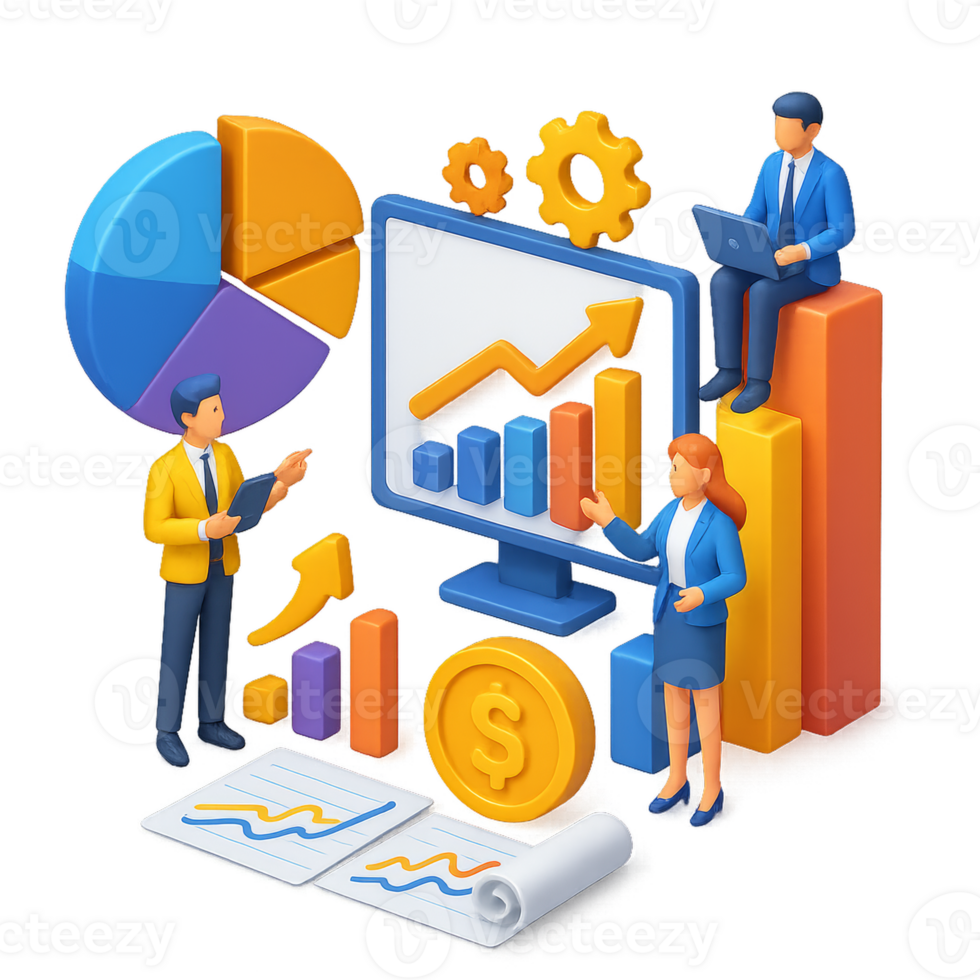 3D Business Trends Composition with Charts, Graphs, and Figures png