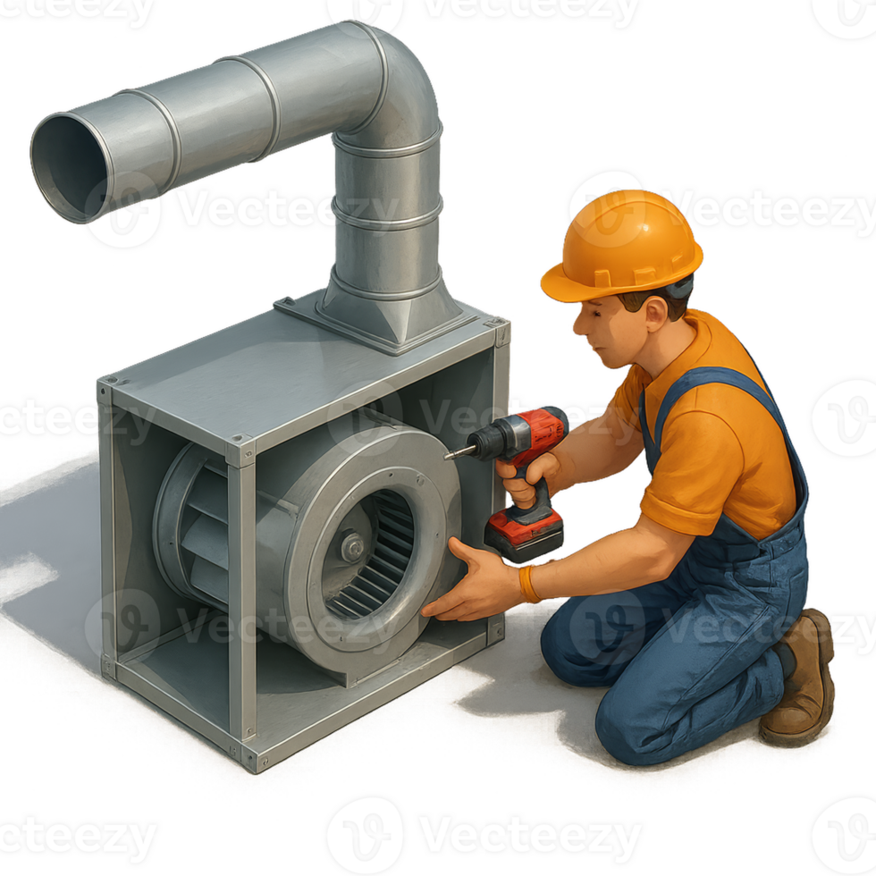 3D HVAC Blower Installation Guide with Worker Using Power Tools png