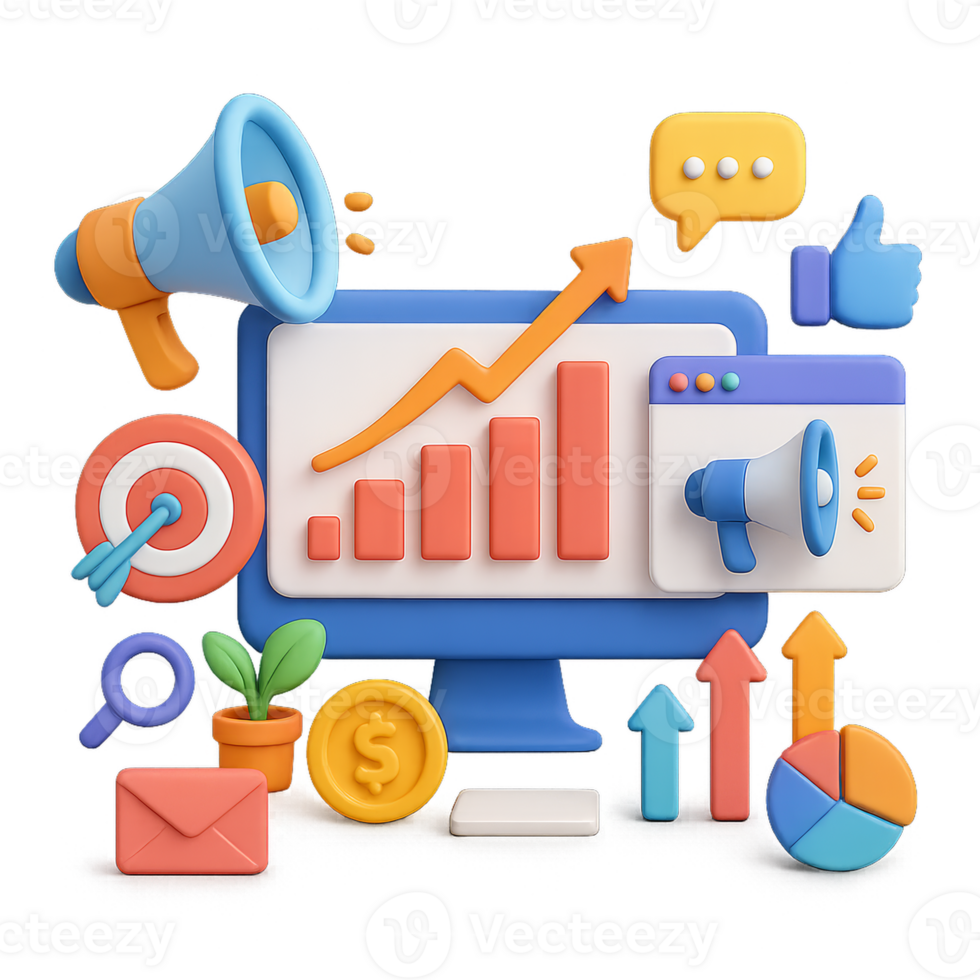 3D Marketing Innovation Concepts with Graphs and Communication Icons png