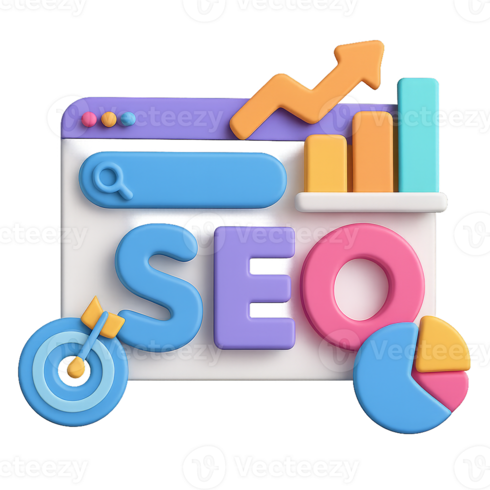 3d seo visualização com colorida ícones e gráfico elementos png