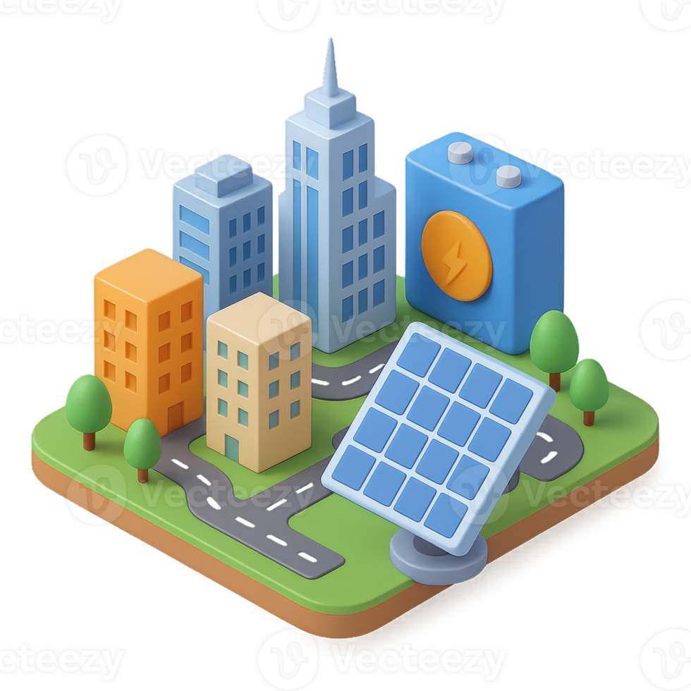 3D Solar Cityscape Model with Buildings and Solar Panel Design png