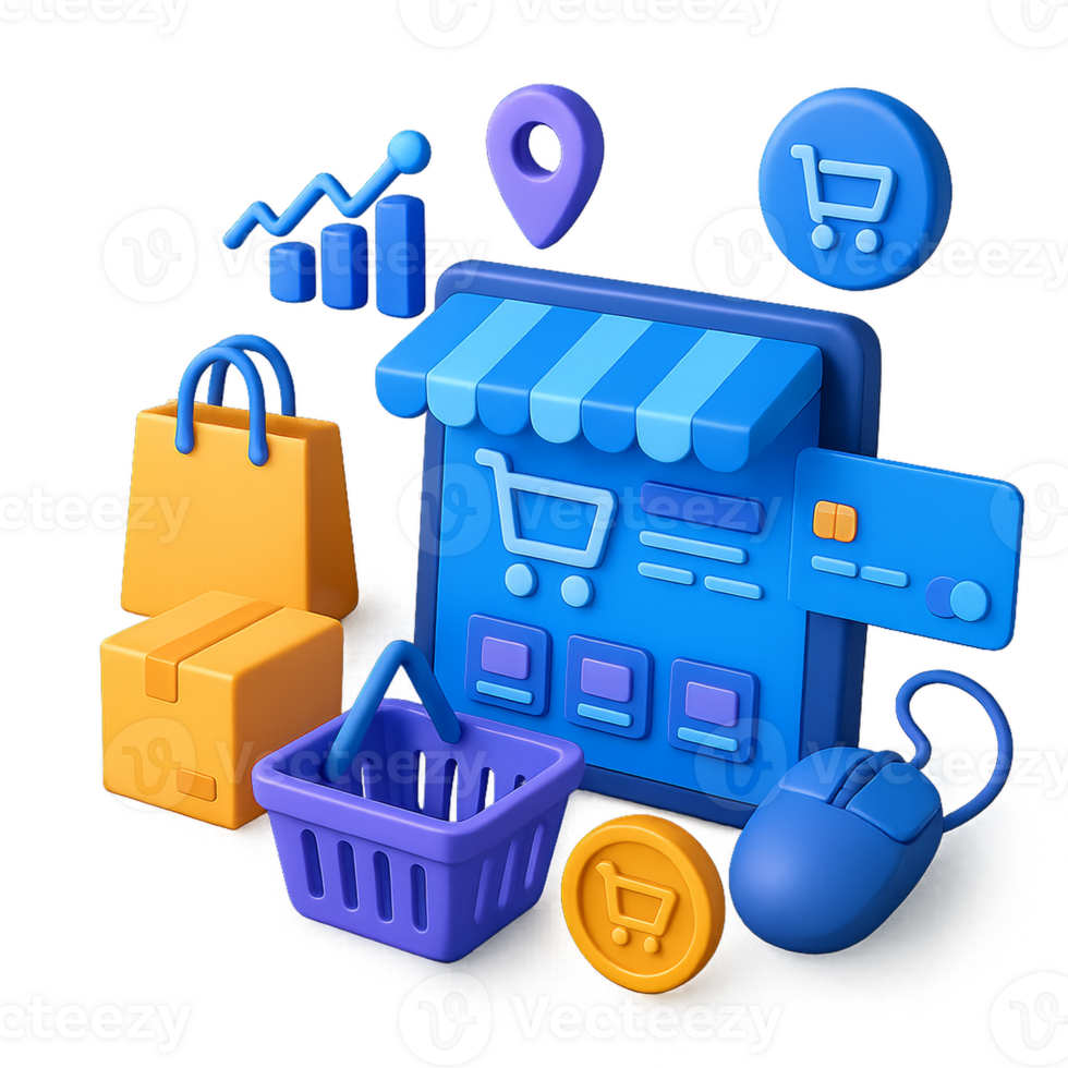 Futuristic Commerce Landscape with Shopping Elements and Icons png