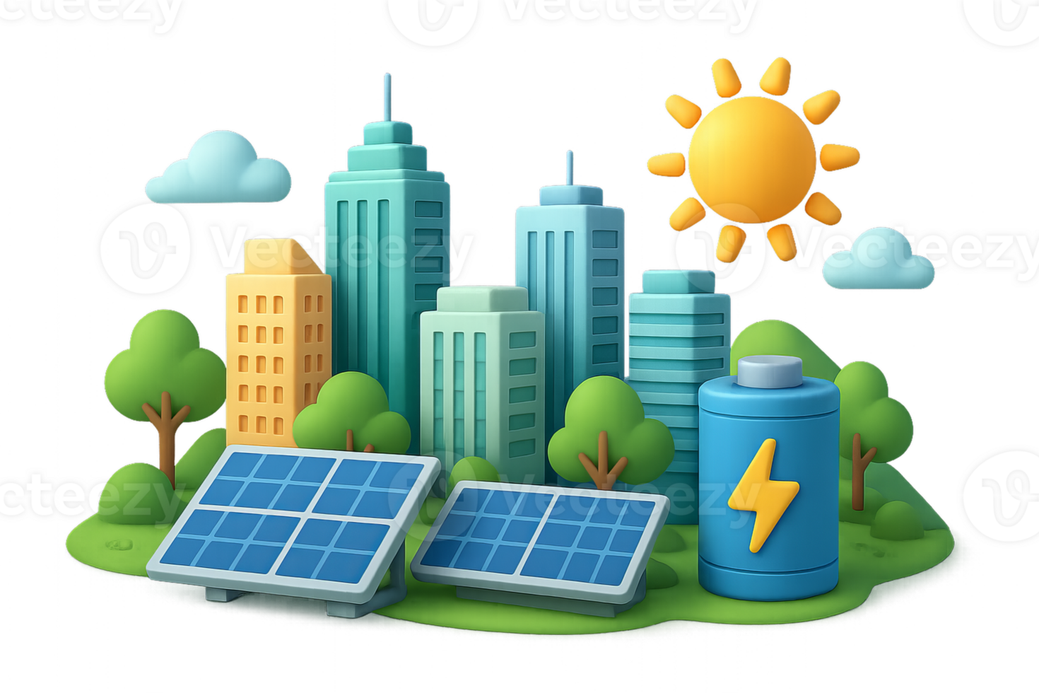 Bright Solar Cityscape with Green Energy Elements in 3D Design png