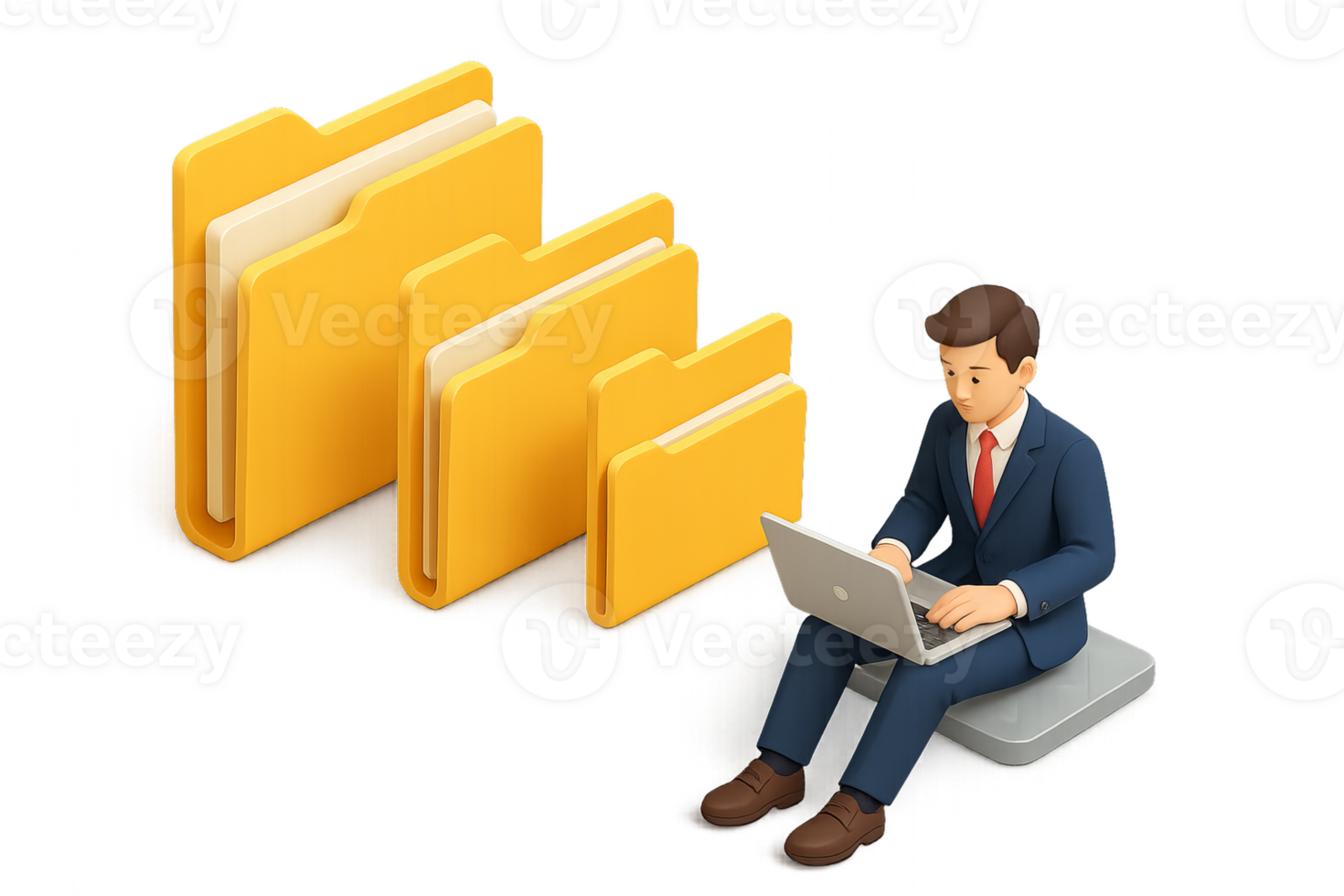 3D Businessman Working Laptop with Colorful Folders Nearby png