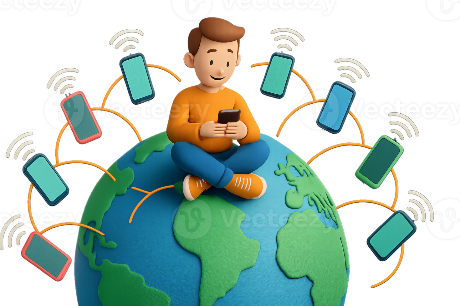Young Man Using Smartphone Surrounded by Digital Connectivity Symbols png