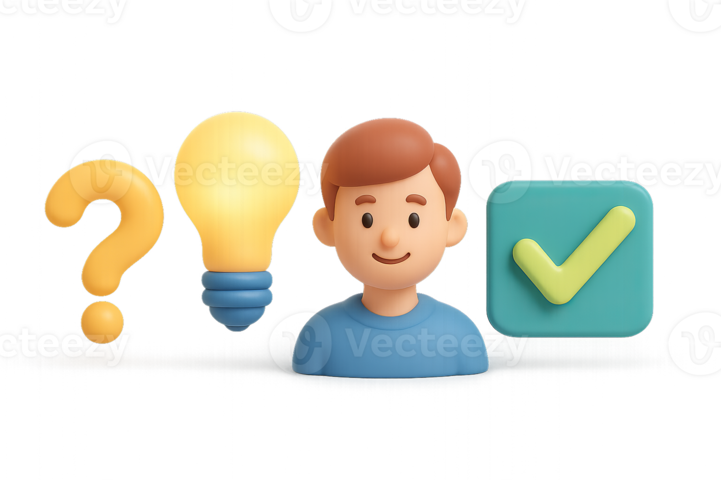 3D Illustrations of Man with Question, Light Bulb, and Checkmark Icons png