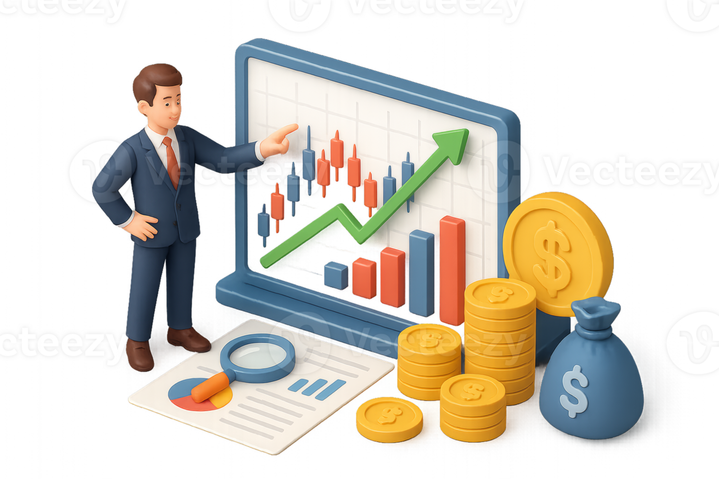 Businessman Analyzing Growth Chart with Coins and Money Bag png