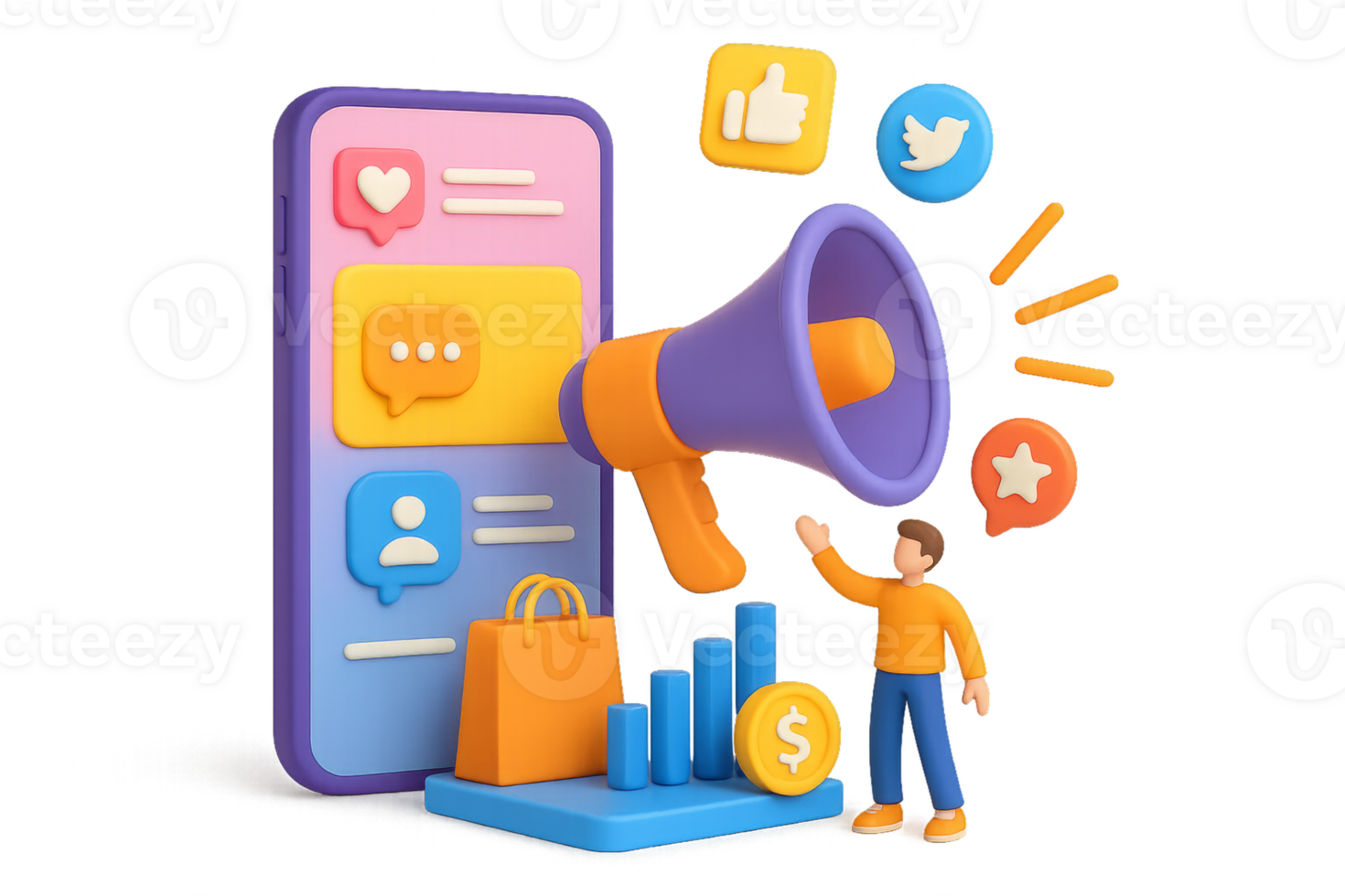 3D Promotional Media Concept with Mobile Phone and Marketing Elements png
