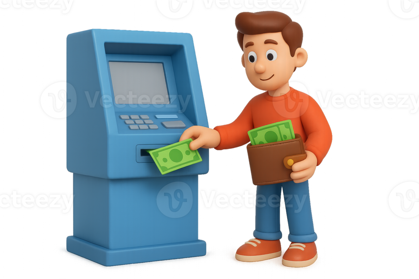 3D Character at ATM with Wallet and Money in Hand png