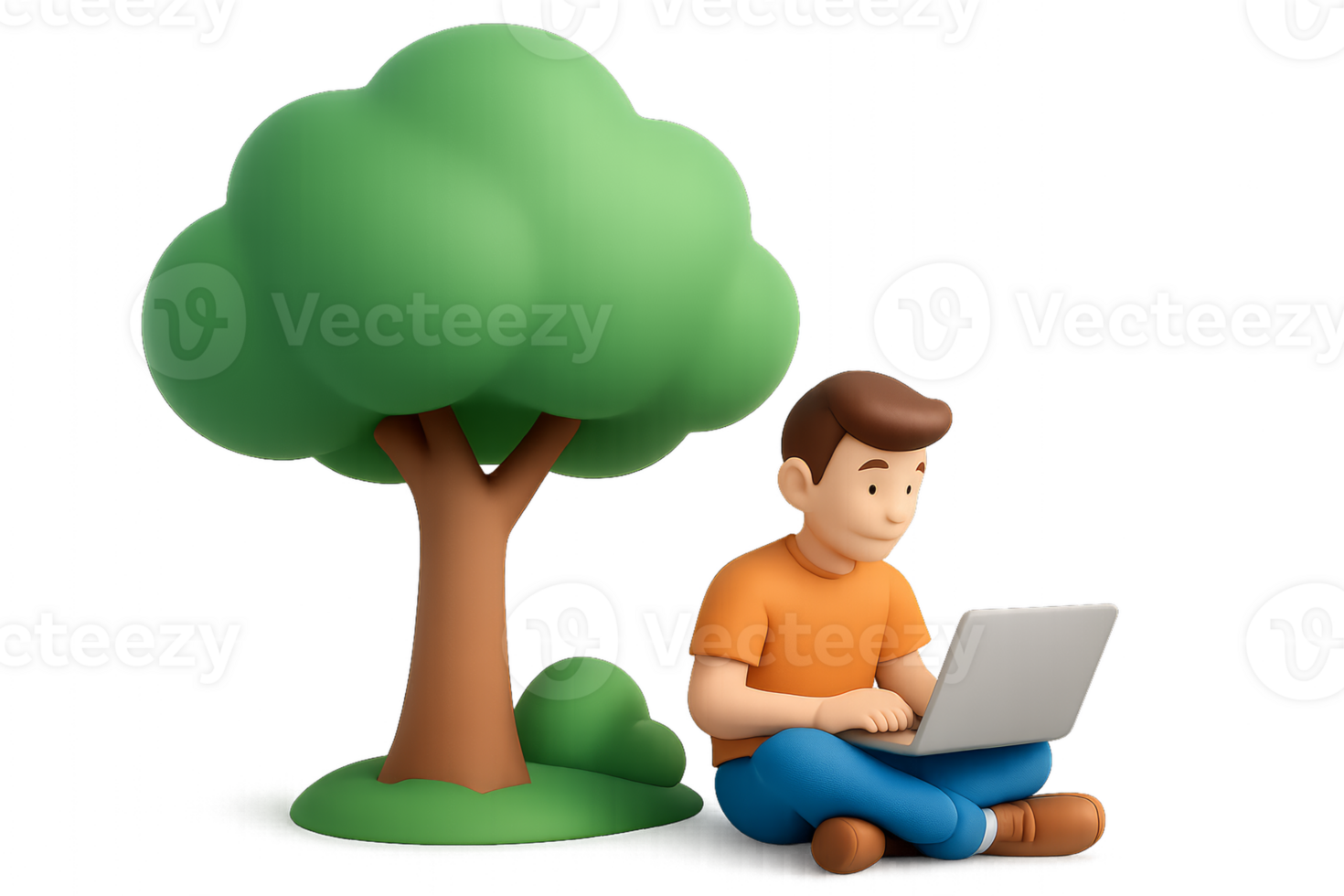 Young Person Working on Laptop in Nature with Tree and Grass png