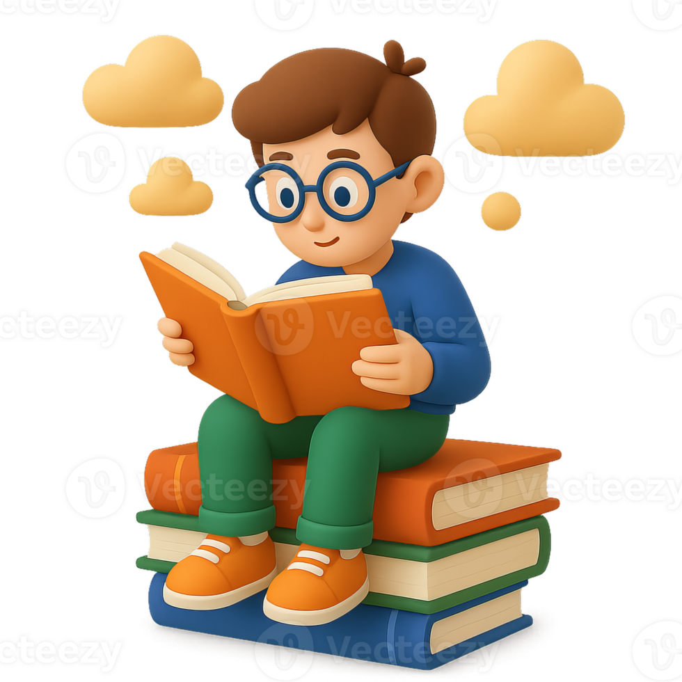 3D Character Reading Book with Colorful Clouds and Stacked Books png