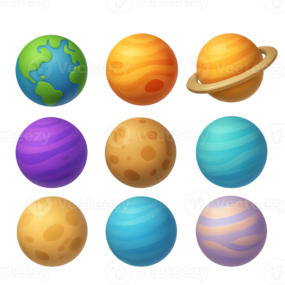 Colorful 3D Isolated Planets in Grid Format for Creative Projects png