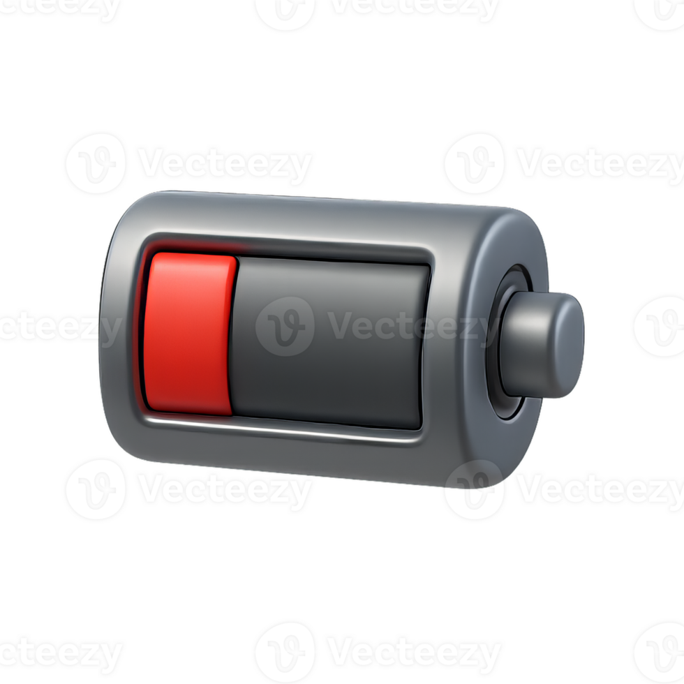 3D Simple Battery Icon in Gray and Red Color Design png