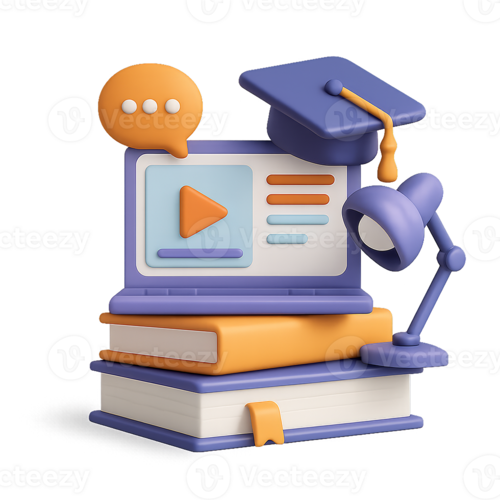 Virtual Learning Concept with Books and Laptop in 3D Design png