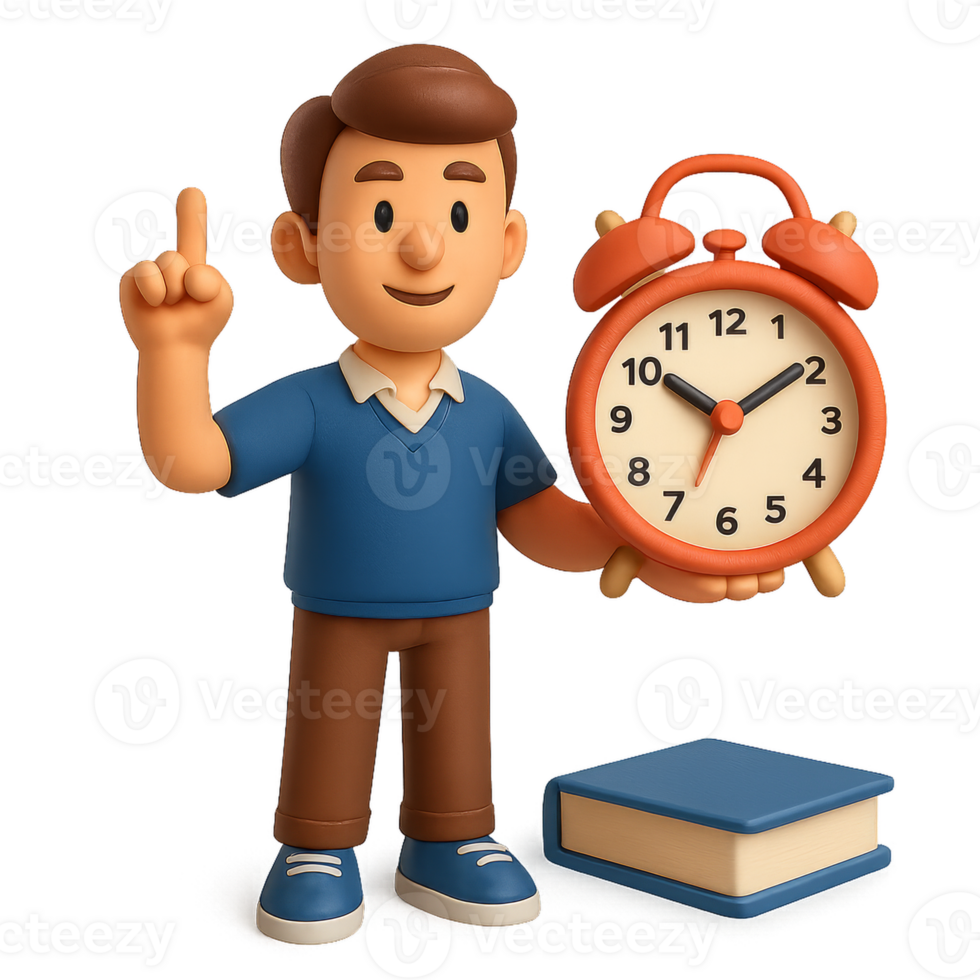 Cartoon Man Setting Alarm with Book and Clock in Simple Design png