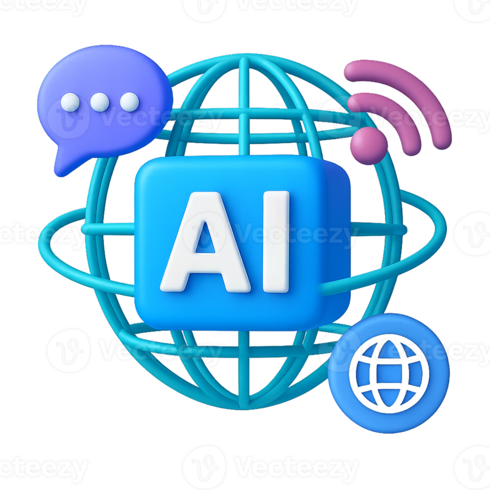 3D Composition of AI Internet Symbols Around a Globe png