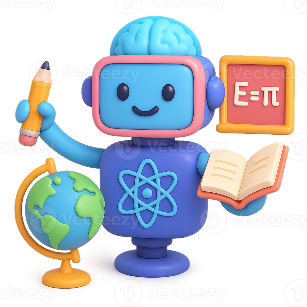 Colorful 3D Robot Educator with Globe, Book, and Mathematical Equation png