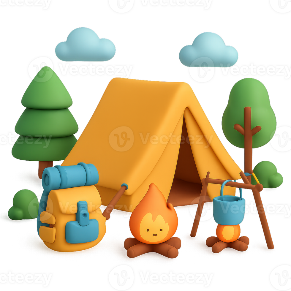 3D Camping Scene with Tent, Fire, and Backpack in a Simple Design png