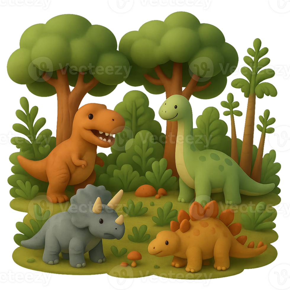Illustrative Dinosaurs in a Lush Ancient Forest Environment png